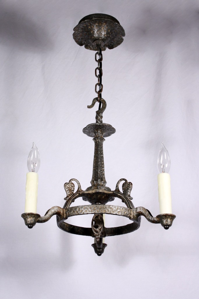 SOLD Two Matching Antique Spanish Revival Three-Light Chandeliers, Cast Iron-19985