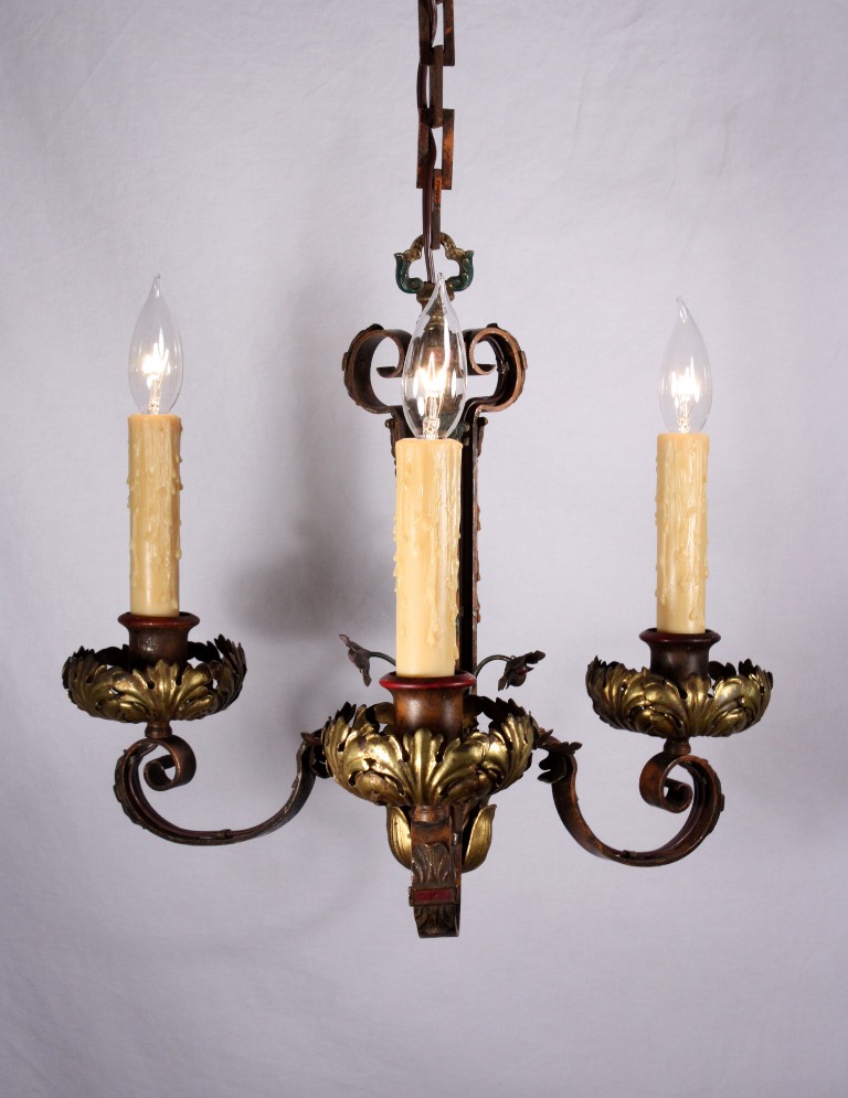 SOLD Delightful Antique Bronze Three-Light Chandelier, Original Polychrome Finish-0