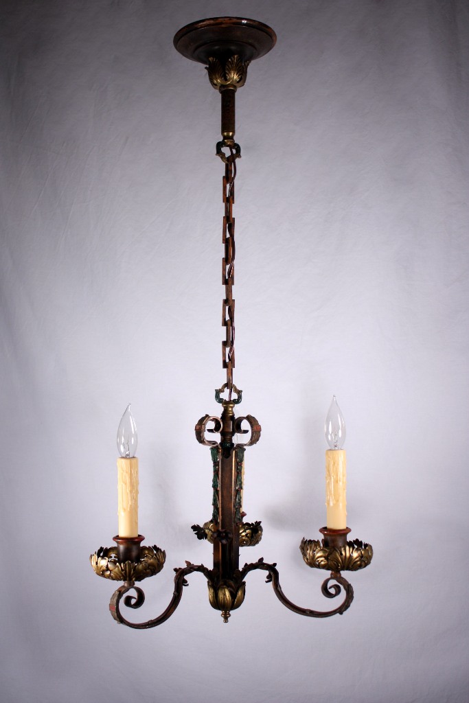 SOLD Delightful Antique Bronze Three-Light Chandelier, Original Polychrome Finish-20025
