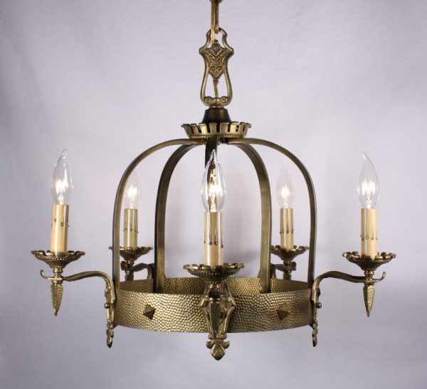 SOLD Wonderful Antique Spanish Revival Brass Five-Light Chandelier-0