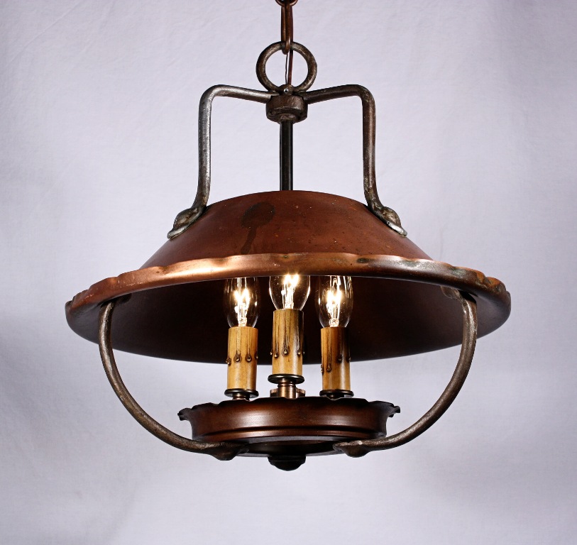 SOLD Remarkable Antique Arts & Crafts Three-Light Copper Chandelier-0