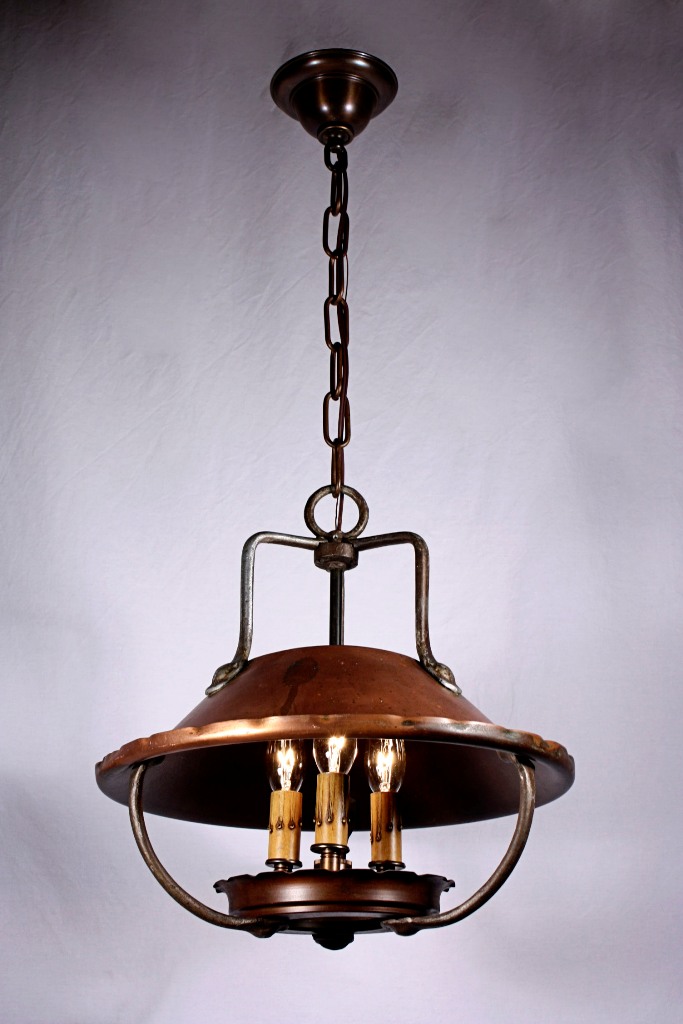 SOLD Remarkable Antique Arts & Crafts Three-Light Copper Chandelier-20091