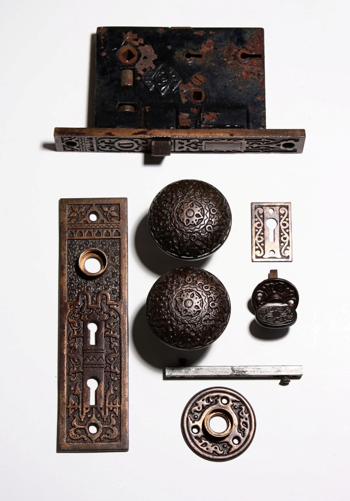 SOLD Antique Russell & Erwin Complete Entry Door Hardware Set in Cast Iron, 1889-19914