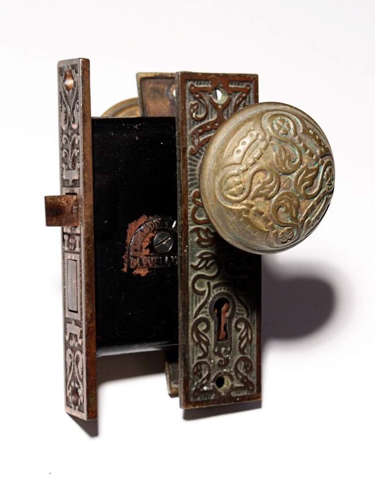 SOLD Antique Cast Bronze Eastlake Door Hardware Set with Doorknobs, Plates, & Lock, c. 1880’s-0