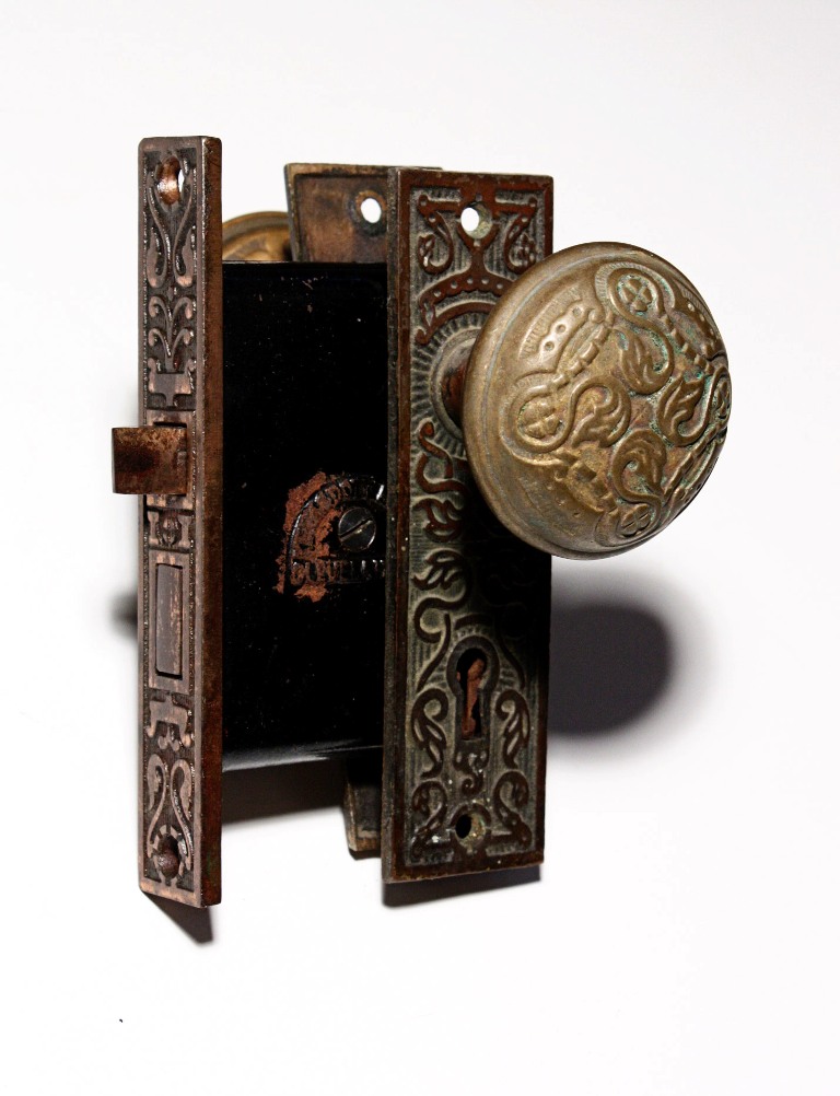 SOLD Antique Cast Bronze Eastlake Door Hardware Set with Doorknobs, Plates, & Lock, c. 1880’s-19928