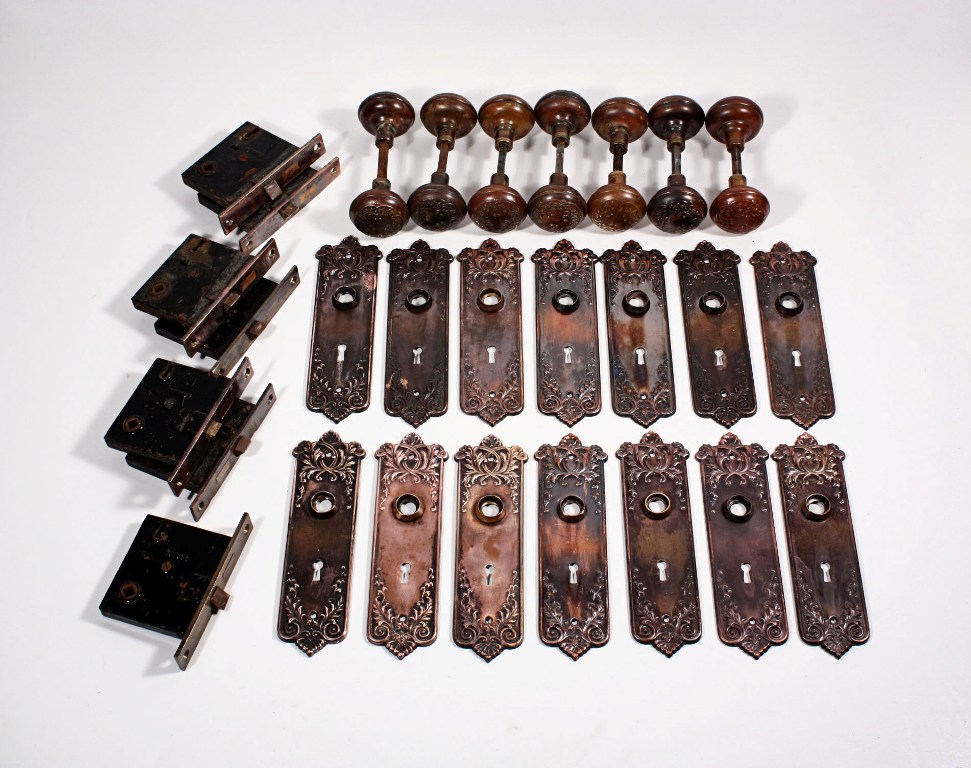 SOLD Seven Sets of Antique Bronze P. & F. Corbin “Lorraine” Door Hardware, c. 1905-19994