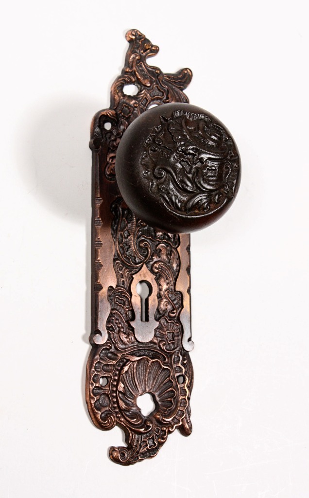 SOLD Antique Cast Iron “Belfort” Hardware Set with Doorknobs & Plates, Reading Hardware-0
