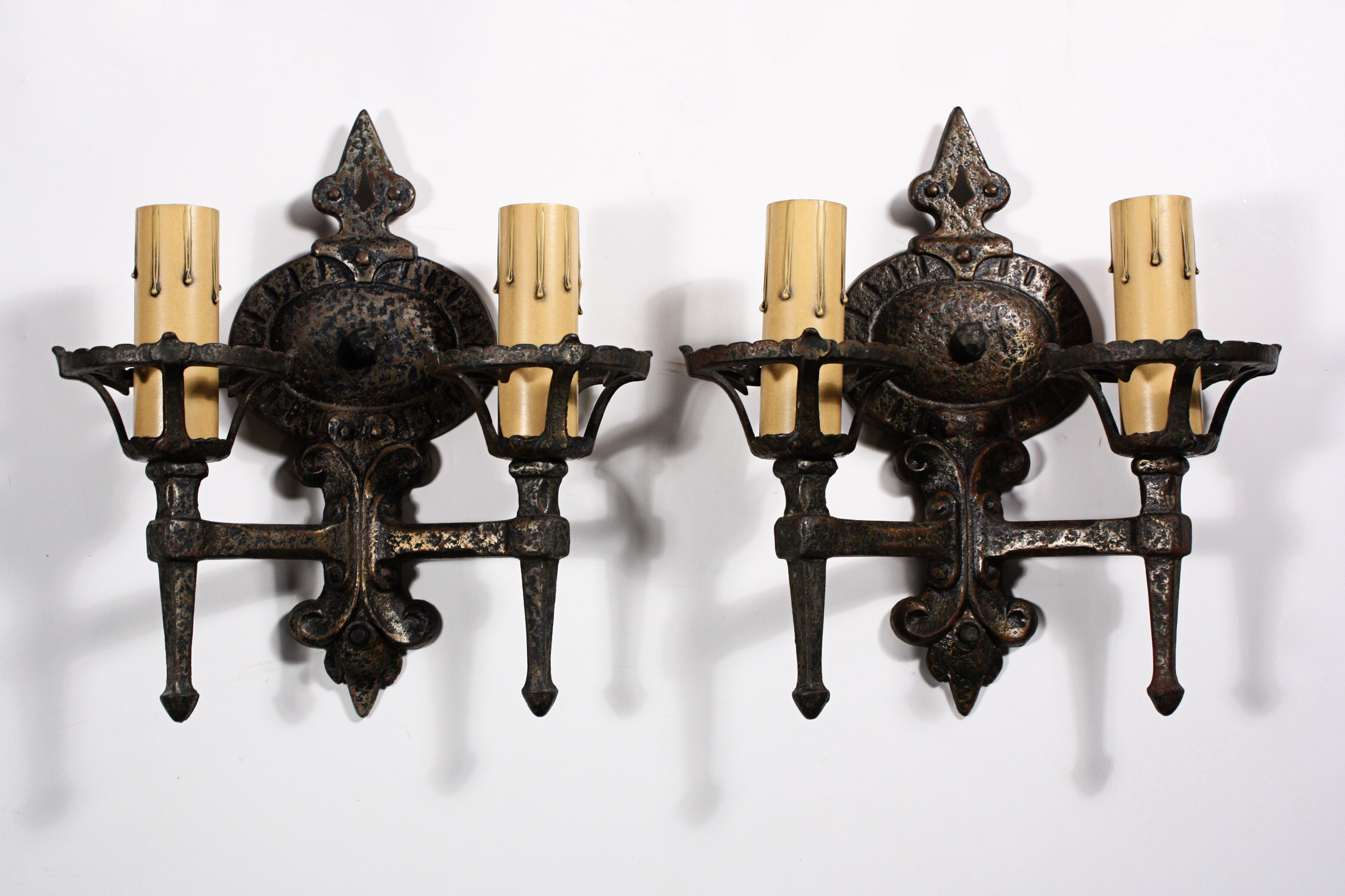 SOLD Fabulous Pair of Antique Tudor Double-Arm Iron Sconces-0