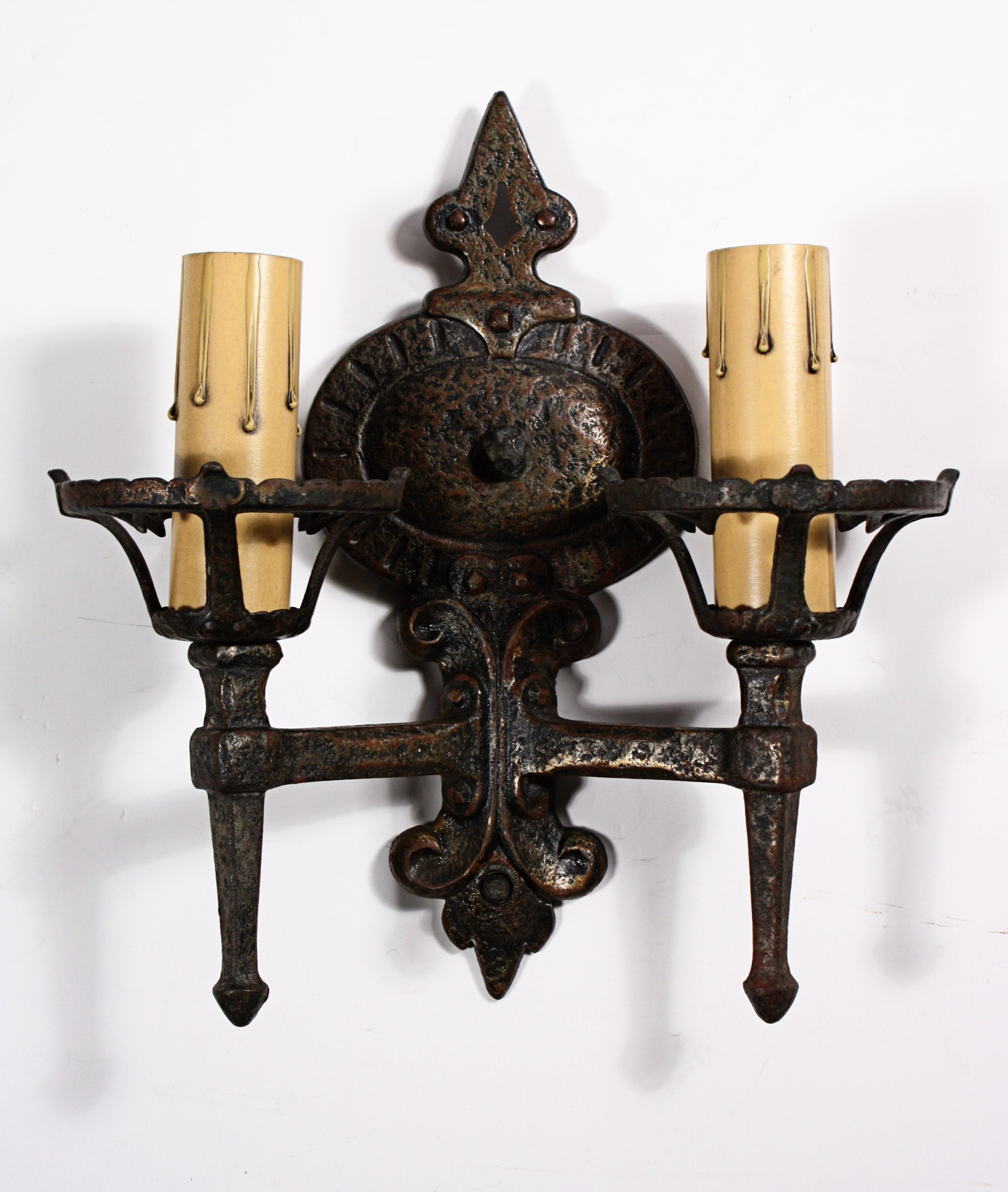 SOLD Fabulous Pair of Antique Tudor Double-Arm Iron Sconces-19796