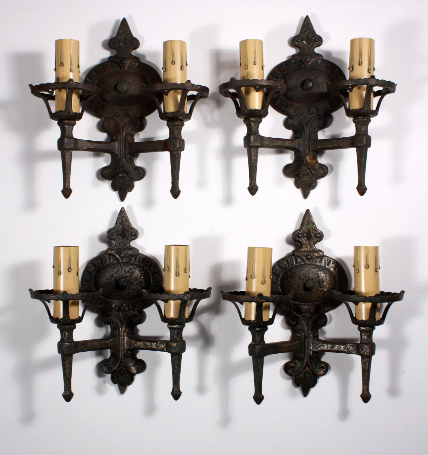 SOLD Fabulous Pair of Antique Tudor Double-Arm Iron Sconces-19795