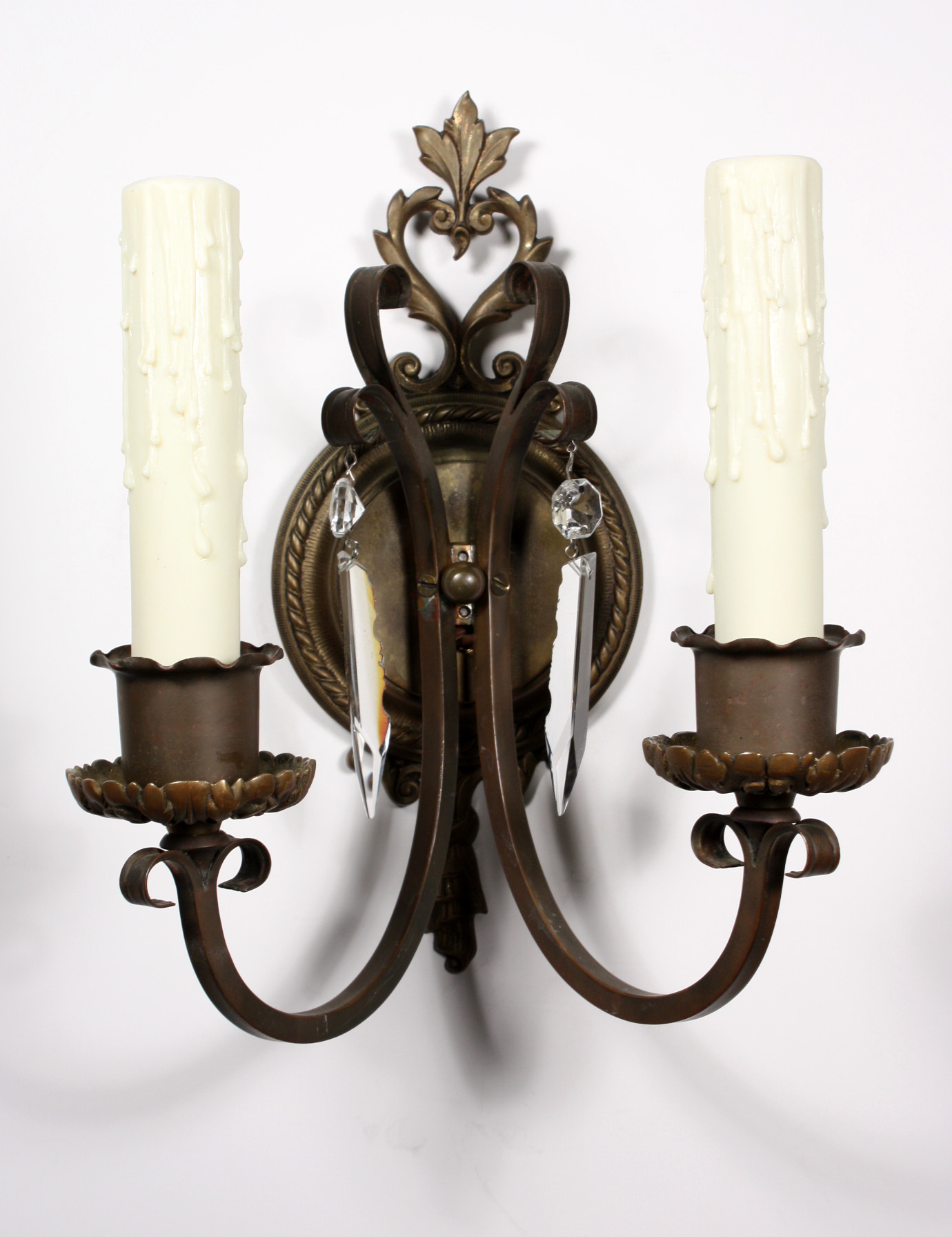 SOLD Elegant Pair of Antique Georgian Double-Arm Sconces with Prisms, Cast Bronze -19820