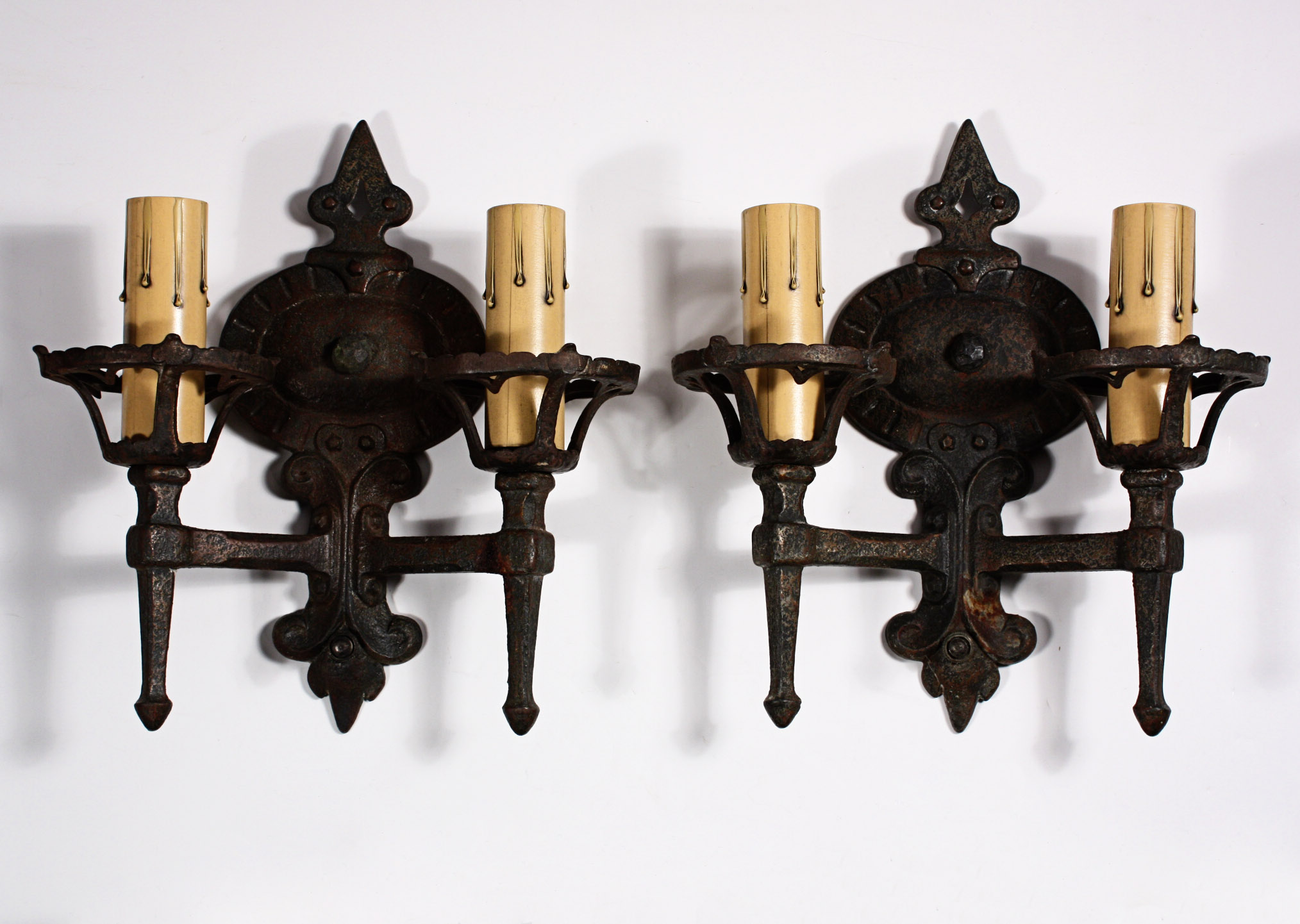 SOLD Amazing Pair of Antique Tudor Double-Arm Iron Sconces-0