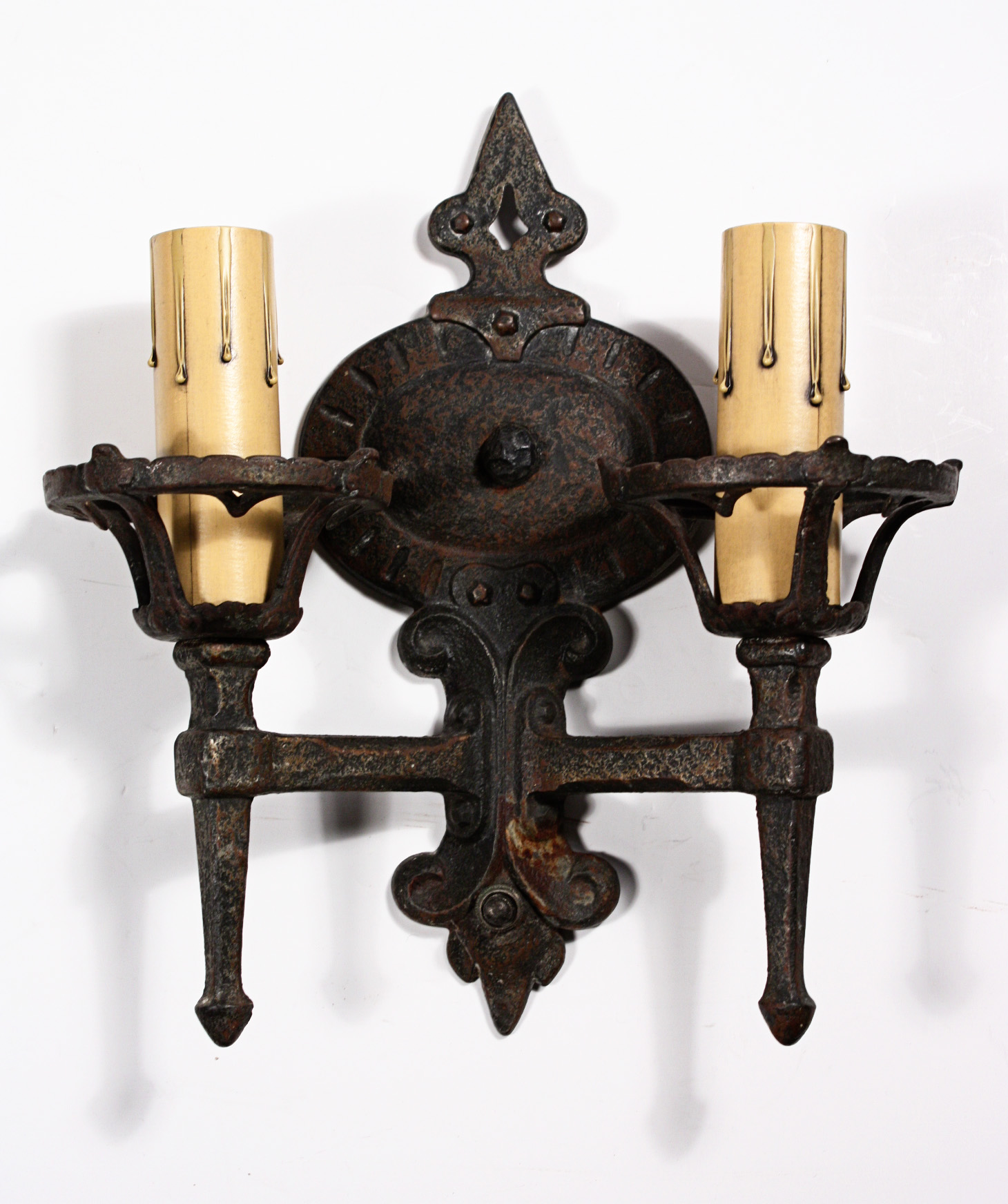 SOLD Amazing Pair of Antique Tudor Double-Arm Iron Sconces-19811