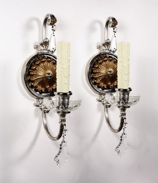 SOLD Gorgeous Pair of Antique Single-Arm Sconces, with Crystal Prisms & Silver Plate-0