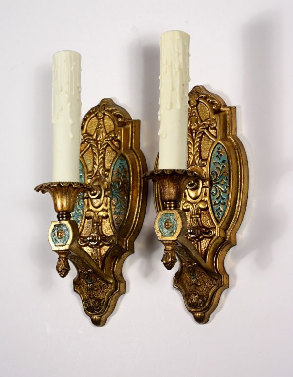SOLD Fantastic Pair of Antique Brass Single-Arm Sconces, Original Turquoise Polychrome Finish-0