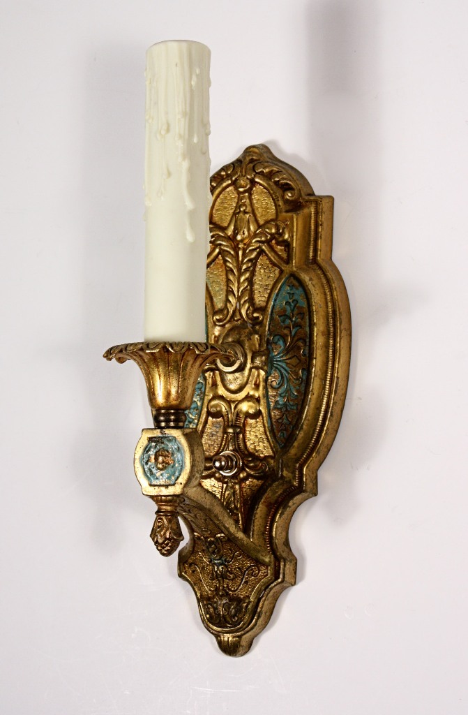 SOLD Fantastic Pair of Antique Brass Single-Arm Sconces, Original Turquoise Polychrome Finish-19881