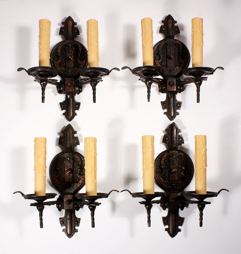 SOLD Two Matching Pairs of Antique Arts & Crafts Double-Arm Sconces, Cast Iron-0