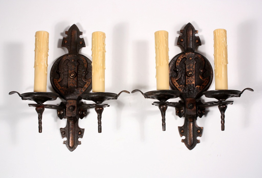 SOLD Two Matching Pairs of Antique Arts & Crafts Double-Arm Sconces, Cast Iron-20061