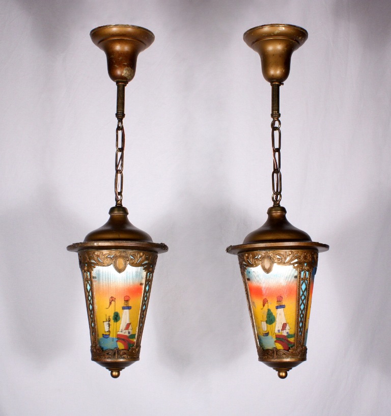 SOLD Two Matching Antique Brass & Pewter Pendant Lights with Original Painted Ribbed Glass, Lighthouse & Ship Design-0
