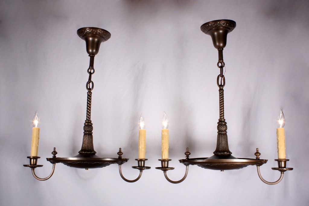 SOLD Two Matching Antique Brass Two-Light Neoclassical Chandeliers, c. 1905-0
