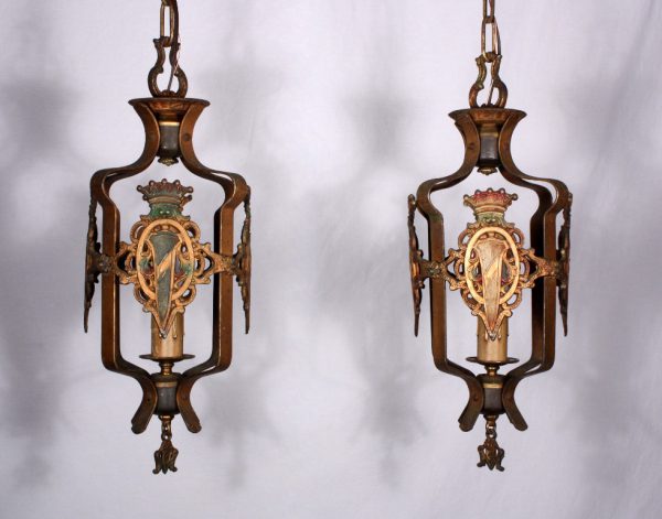 SOLD Two Matching Antique Spanish Revival Cast Iron Pendant Lights, Original Polychrome Finish-0