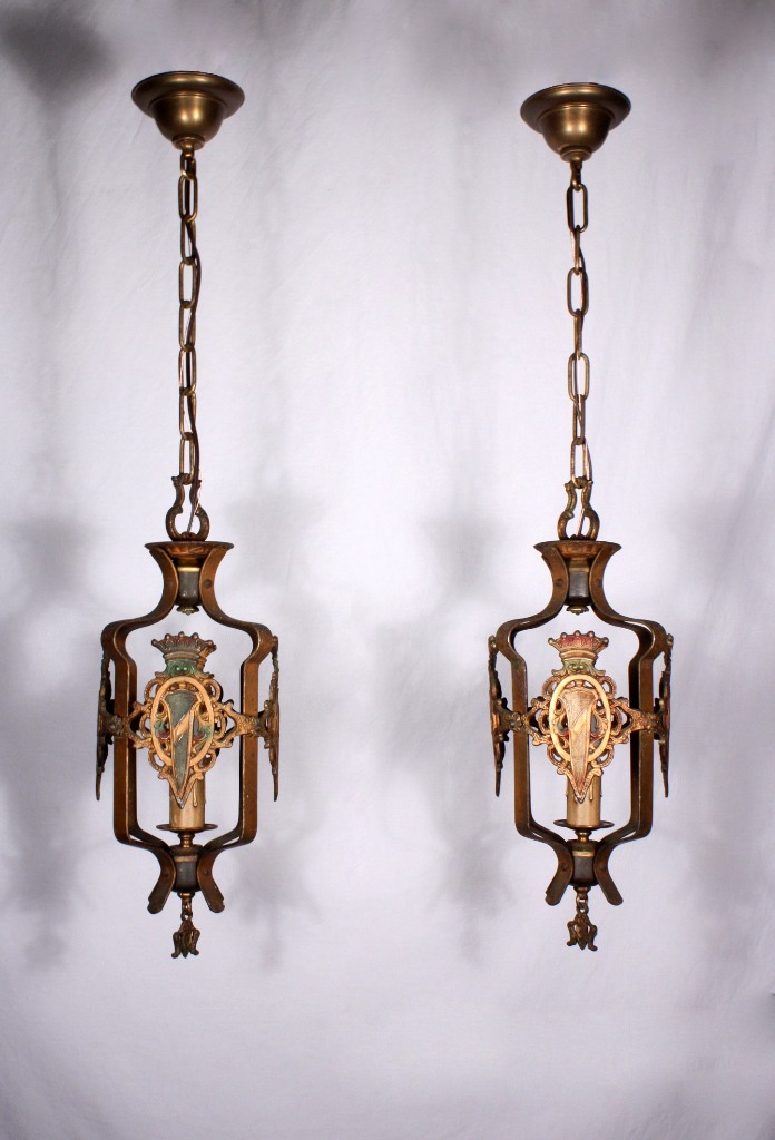 SOLD Two Matching Antique Spanish Revival Cast Iron Pendant Lights, Original Polychrome Finish-20405