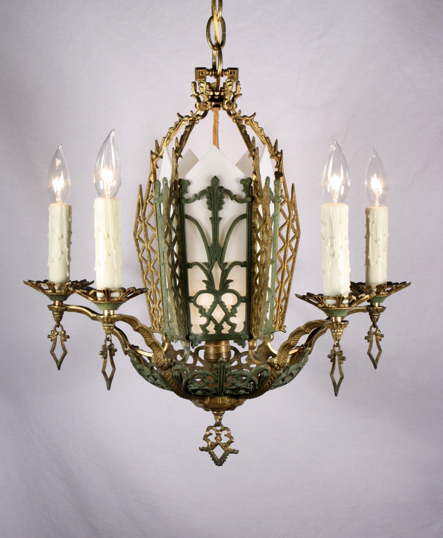 SOLD Splendid Antique Six-Light Cast Brass Art Deco Chandelier with Green Accents-0