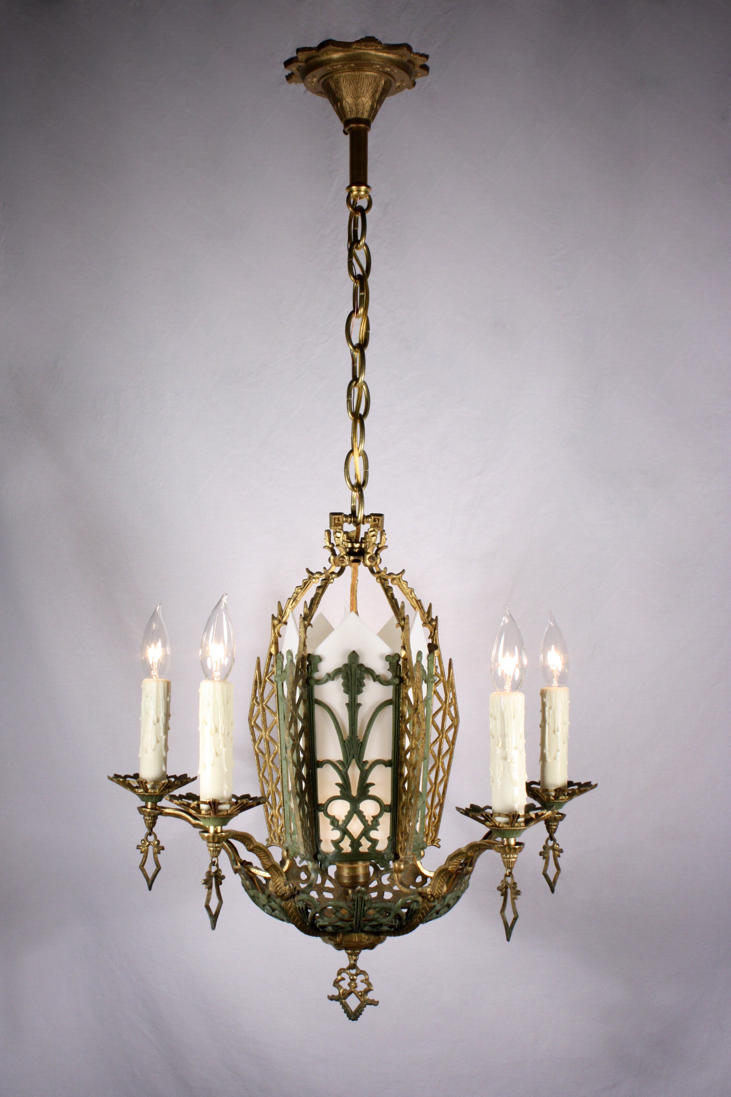SOLD Splendid Antique Six-Light Cast Brass Art Deco Chandelier with Green Accents-20413