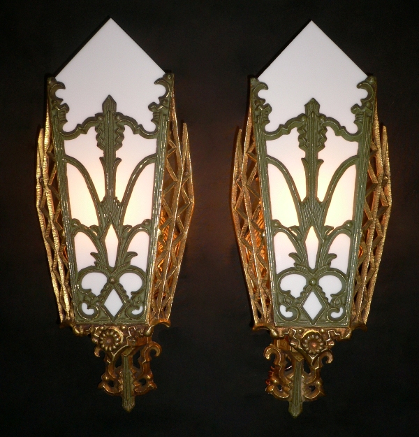 SOLD Splendid Antique Six-Light Cast Brass Art Deco Chandelier with Green Accents-20407