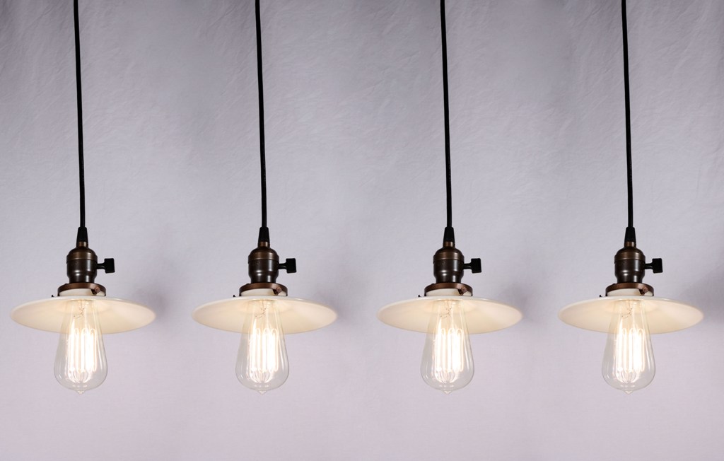 SOLD Four Matching Antique Industrial Pendant Lights with Milk Glass Shades, c. 1910-0
