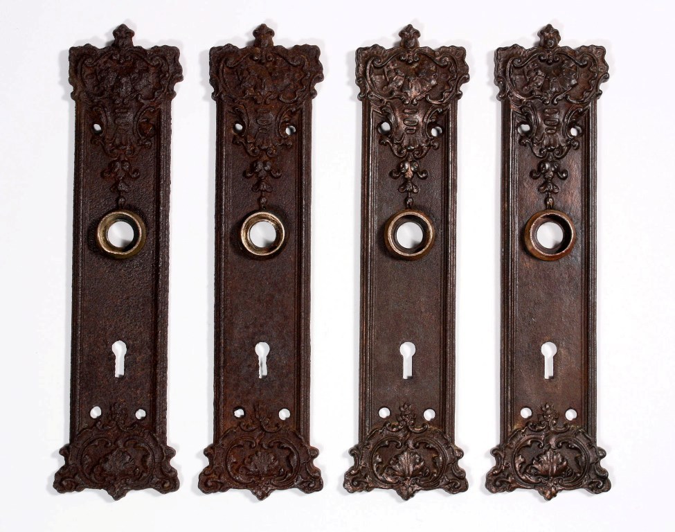 SOLD Four Matching Antique Cast Iron Door Plates, “Brunswick” by Russell & Erwin, c. 1899-0