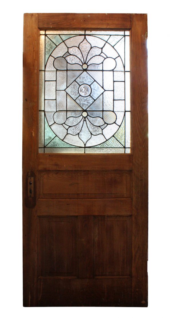 SOLD Antique Chestnut Door with Figural Jeweled American Stained Glass, c. 1900-0