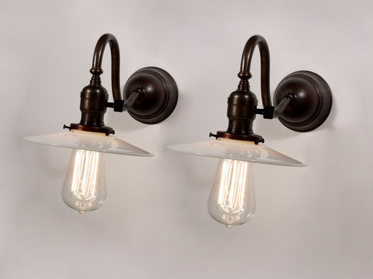 SOLD Fascinating Pair of Antique Single-Arm Sconces with Milk Glass Shades, c. 1905-0