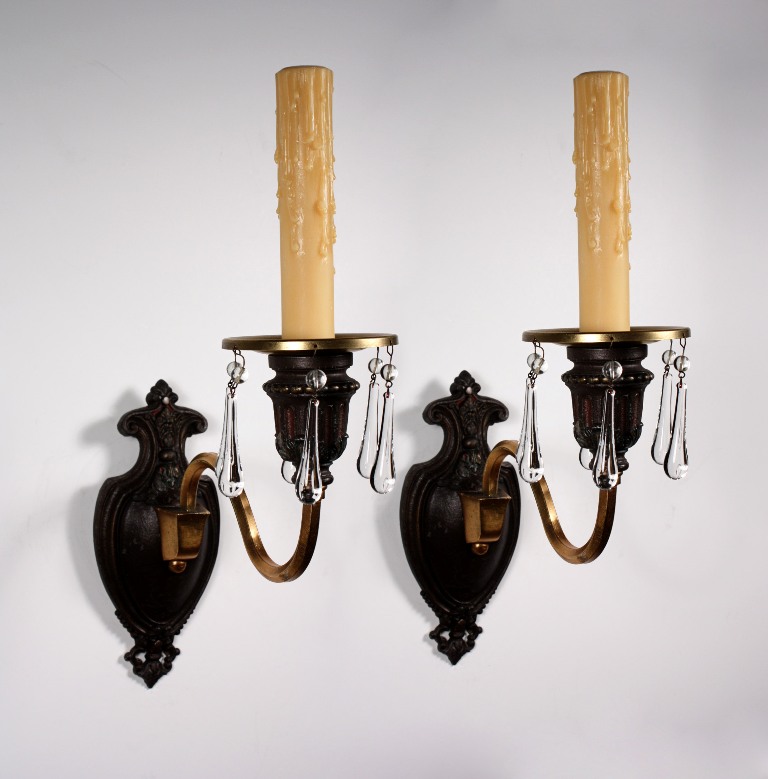 SOLD Magnificent Pair of Antique Pewter Single-Arm Sconces, Gilded Arms & Original Polychrome Finish-0