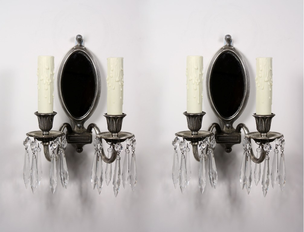SOLD Splendid Pair of Antique Double-Arm Mirrored Georgian Sconces, Silver Plated with Prisms-0
