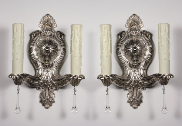 SOLD Superb Pair of Antique Double-Arm Neoclassical Sconces, Silver Plate with Teardrop Prisms-0