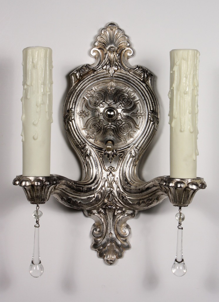 SOLD Superb Pair of Antique Double-Arm Neoclassical Sconces, Silver Plate with Teardrop Prisms-20125