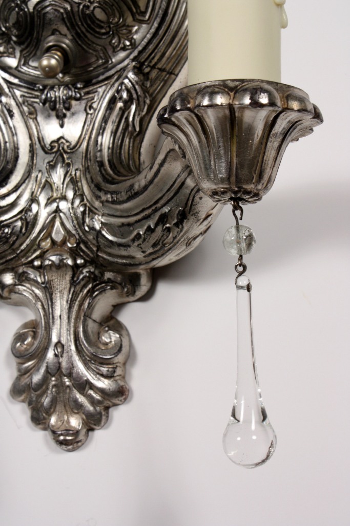 SOLD Superb Pair of Antique Double-Arm Neoclassical Sconces, Silver Plate with Teardrop Prisms-20127