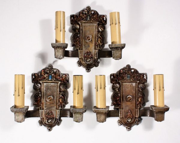 SOLD Three Matching Antique Double-Arm Spanish Revival Figural Sconces with Knights, Signed Riddle Co.-0