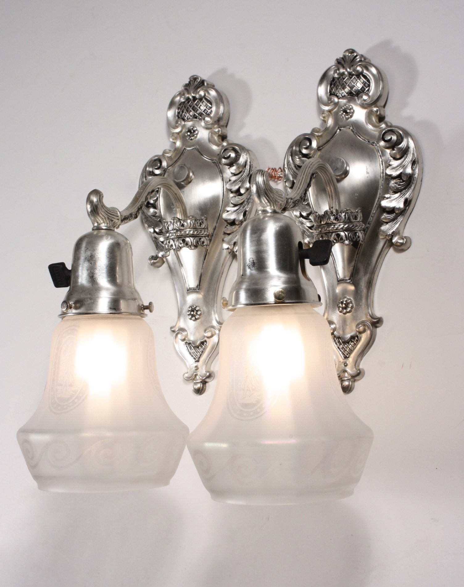 SOLD Gorgeous Pair of Antique Silver Plated Sconces with Iridescent Etched Figural Shades-0