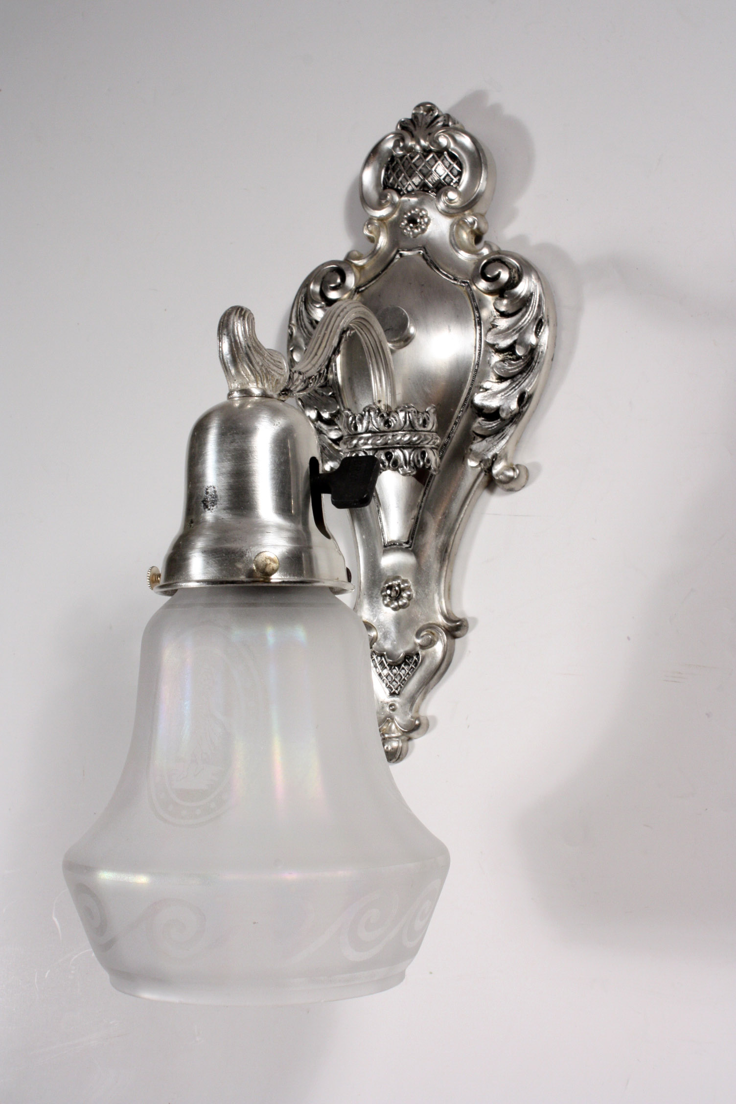 SOLD Gorgeous Pair of Antique Silver Plated Sconces with Iridescent Etched Figural Shades-20162