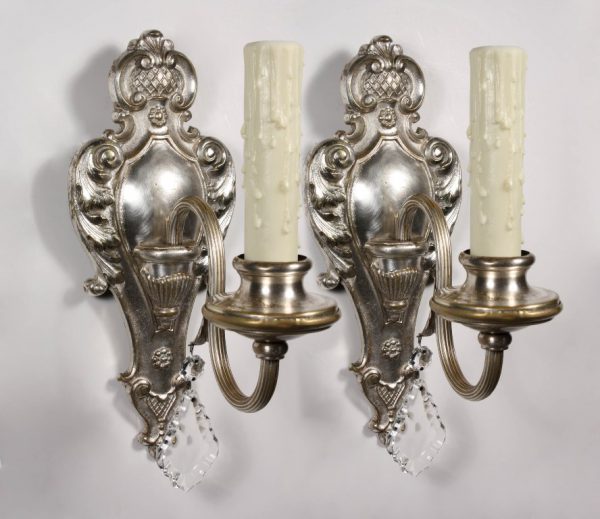 SOLD Beautiful Pair of Antique Single-Arm Sconces, Silver Plate with Prisms, c. 1910-0