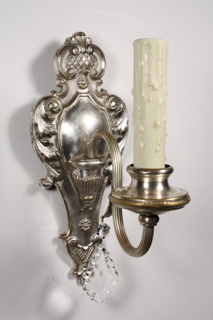 SOLD Beautiful Pair of Antique Single-Arm Sconces, Silver Plate with Prisms, c. 1910-20170