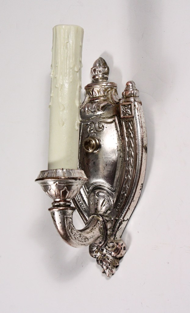 SOLD Pair of Antique Single-Arm Adam Style Sconces, Silver Plate over Pewter, by Empire-20180