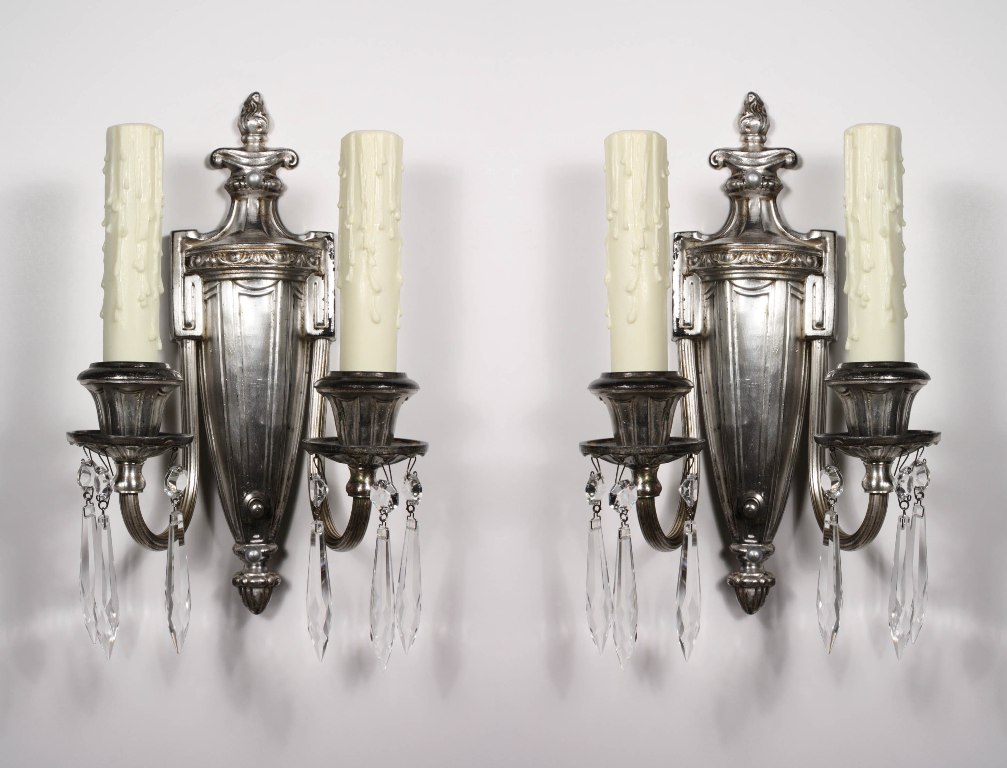 SOLD Amazing Pair of Antique Double-Arm Adam Style Sconces, Silver Plated with Prisms-0