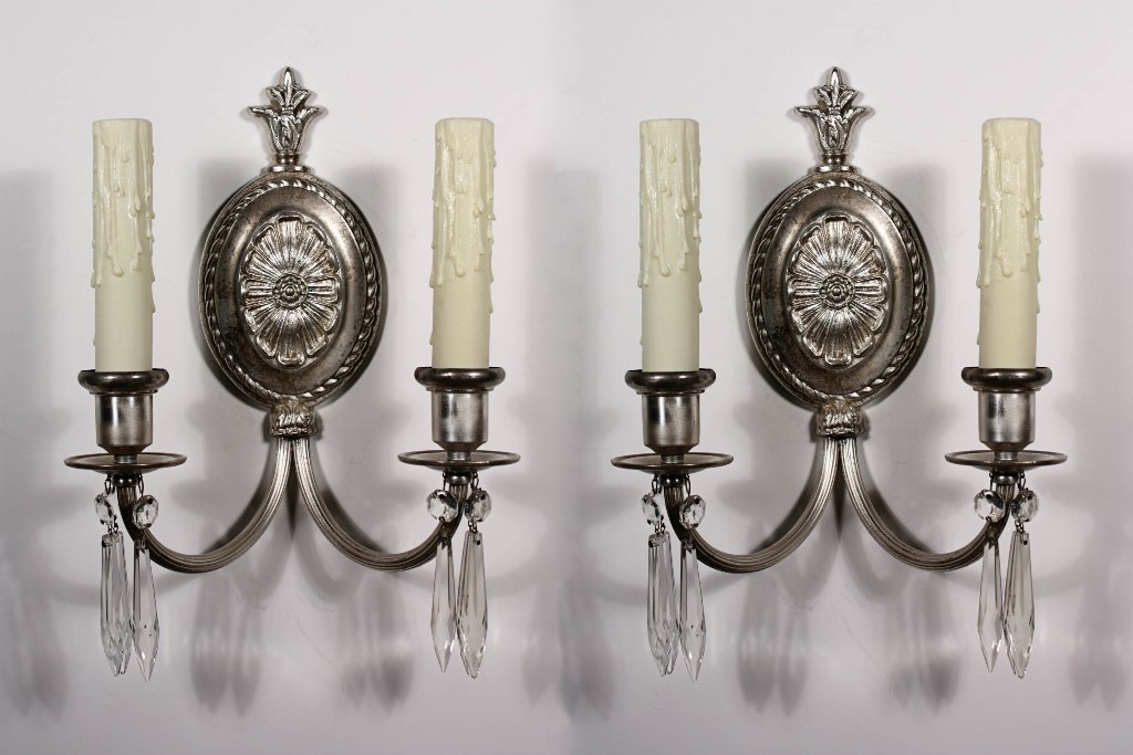 SOLD Fabulous Pair of Antique Double-Arm Neoclassical Silver Plated Sconces with Prisms-0
