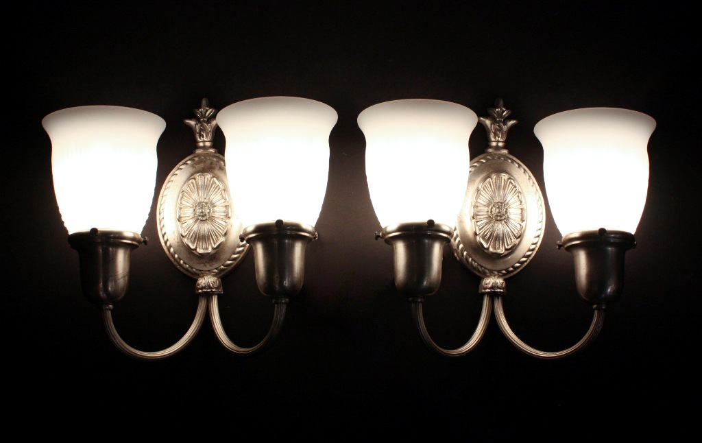 SOLD Wonderful Pair of Antique Neoclassical Sconces, Silver Plate with Original Milk Glass Shades-0