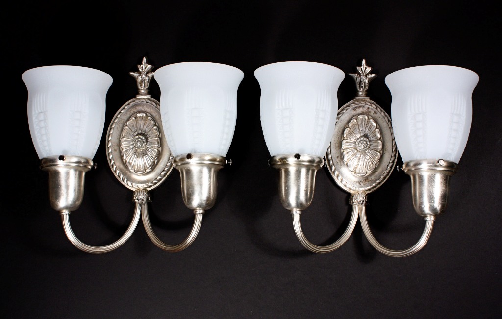 SOLD Wonderful Pair of Antique Neoclassical Sconces, Silver Plate with Original Milk Glass Shades-20252