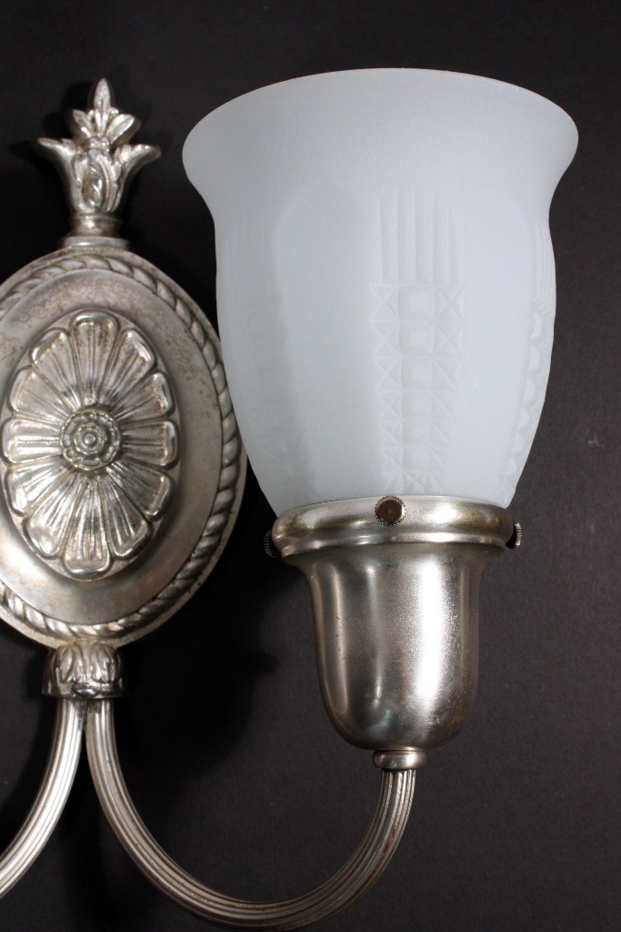 SOLD Wonderful Pair of Antique Neoclassical Sconces, Silver Plate with Original Milk Glass Shades-20250