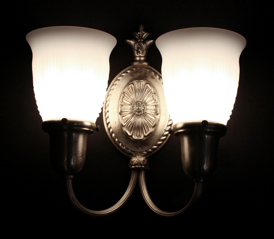 SOLD Wonderful Pair of Antique Neoclassical Sconces, Silver Plate with Original Milk Glass Shades-20249